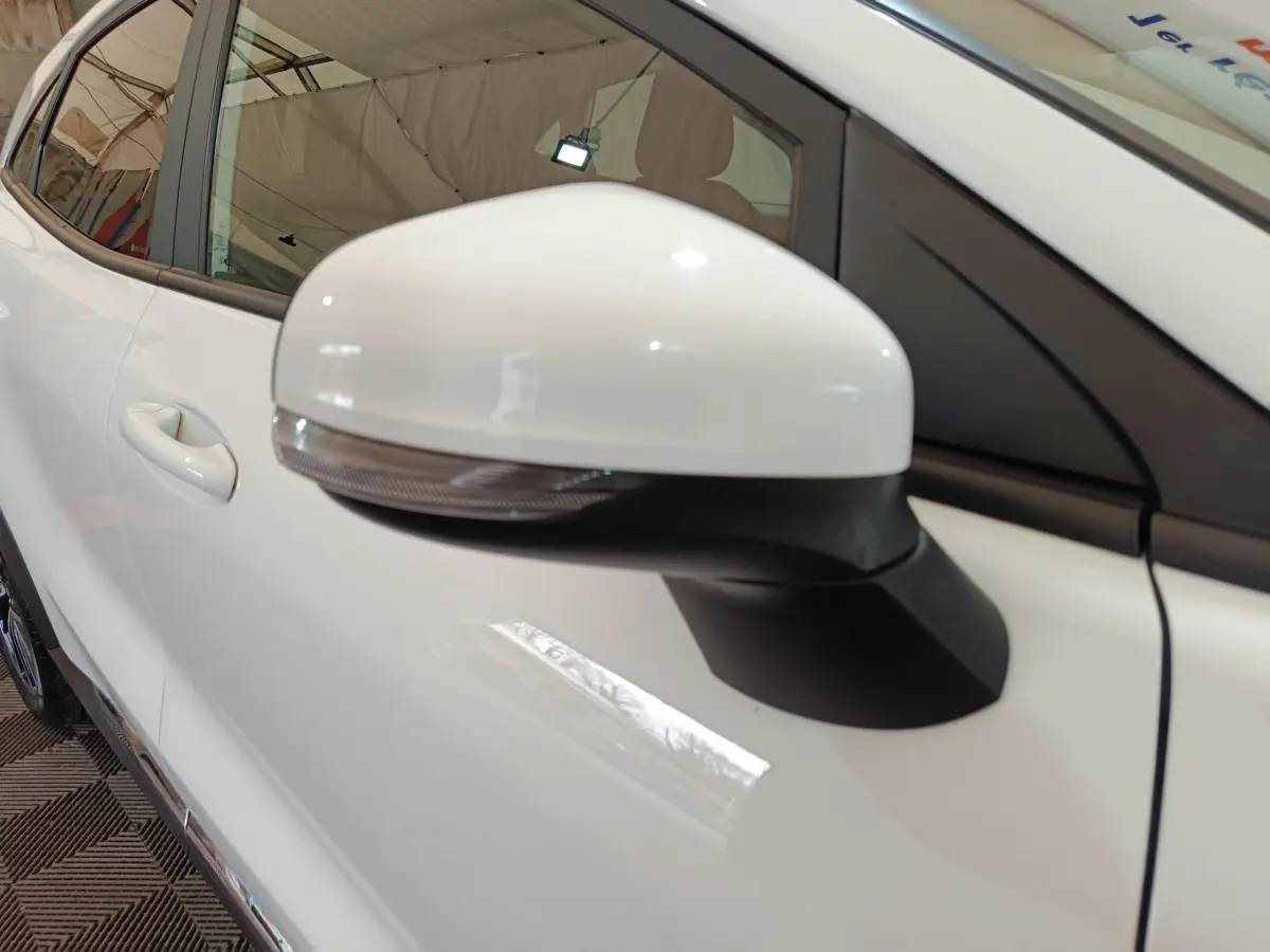 Gros plan sur le rétroviseur droit blanc du Ford Puma 2022, avec la portière et la poignée visibles en arrière-plan.