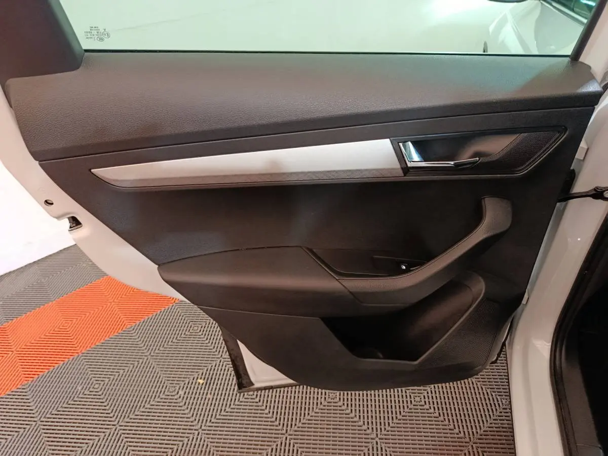 Vue intérieure de la porte avant gauche noire avec insert argenté d'un Skoda Karoq blanc 2024.