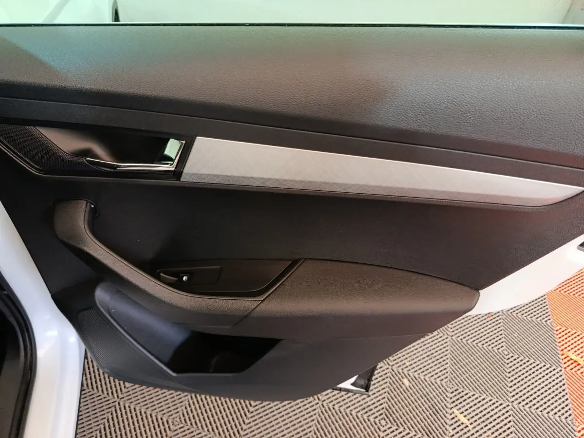 Vue intérieure du panneau de porte avant gauche noir avec insert argenté d'un Skoda Karoq blanc 2024.