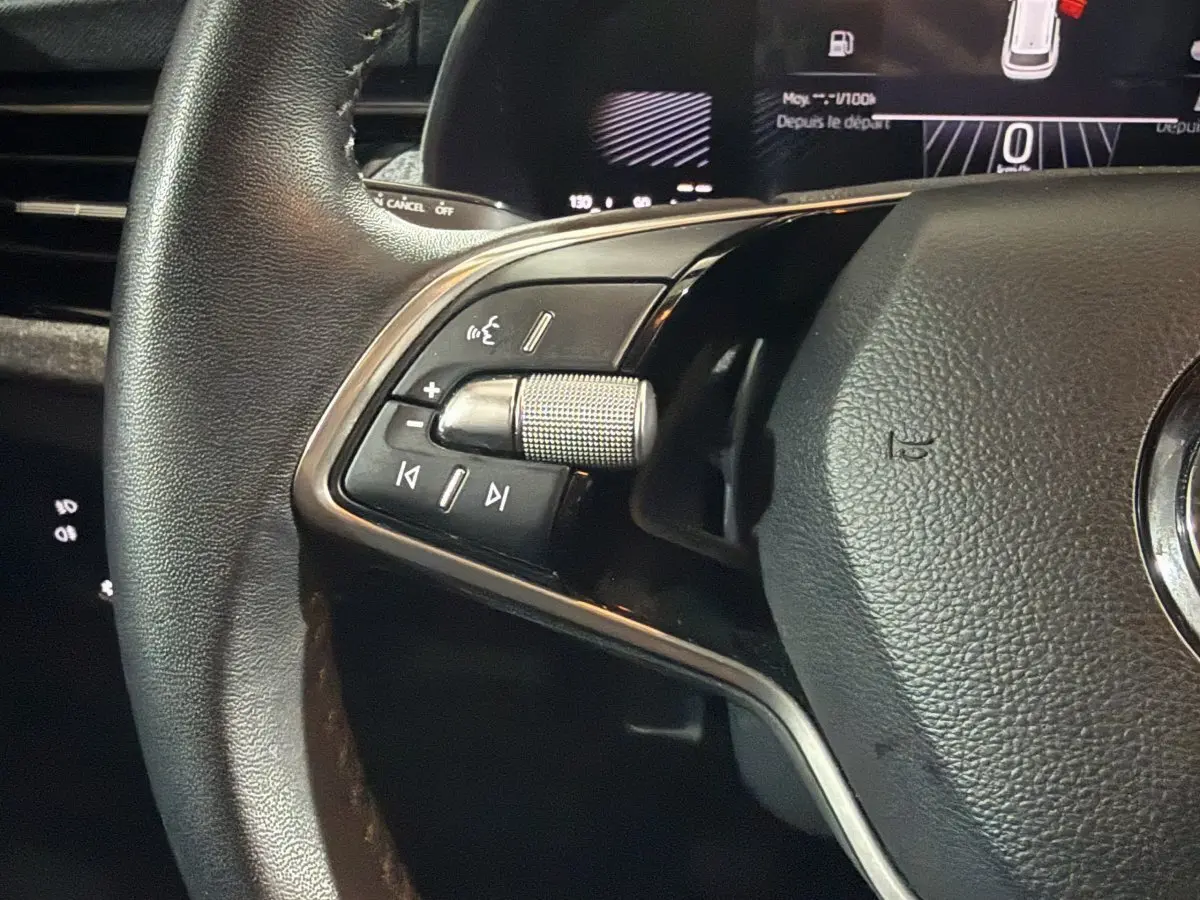 Gros plan sur le volant cuir multifonctions côté gauche du Skoda Kamiq 2024, avec commandes audio intégrées.