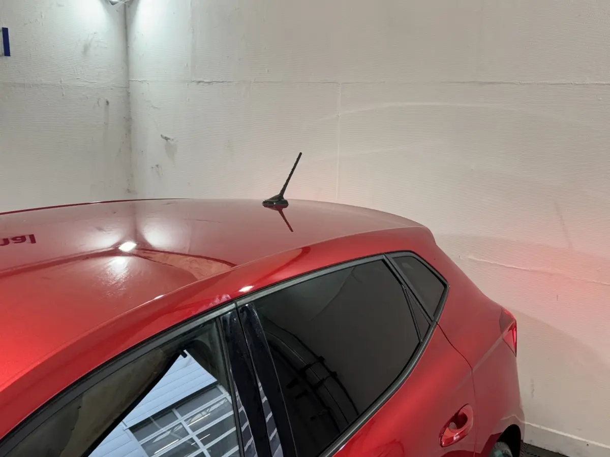 Vue 3/4 arrière côté gauche d'une SEAT Ibiza rouge avec vitres teintées et antenne sur le toit.
