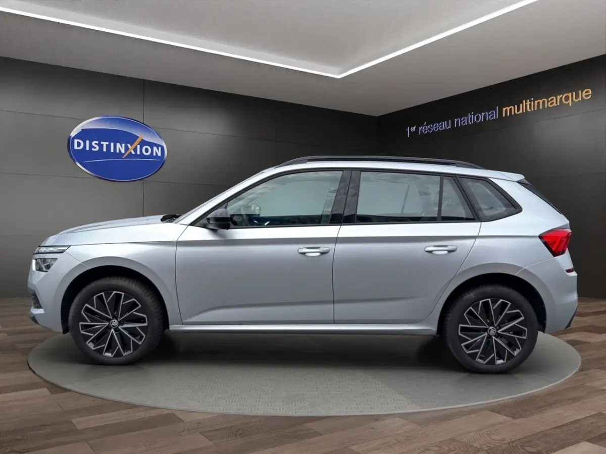 Vue de profil côté gauche d'un Skoda Kamiq gris clair 2023 avec jantes bi-ton et rétroviseurs noirs.