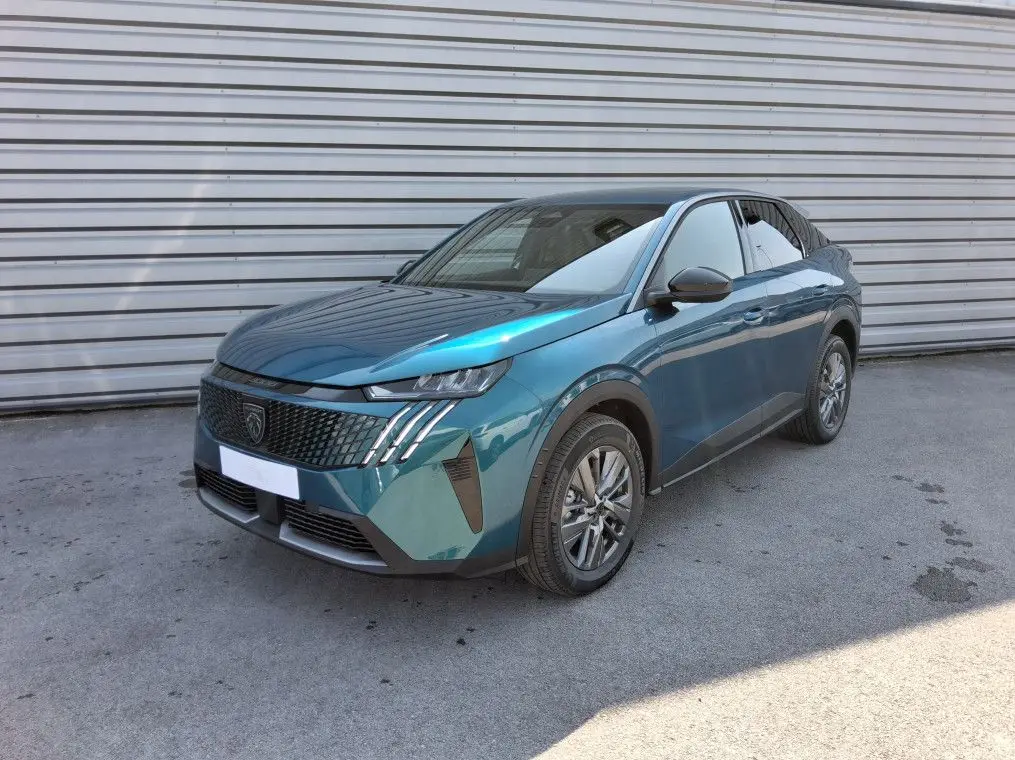Peugeot 3008 Hybrid bleu obsession vue 3/4 avant droit, avec calandre noire et feux LED distinctifs.