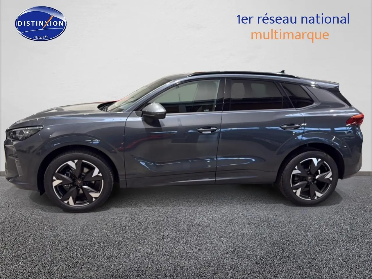 Vue de profil côté gauche d'un SUV CUPRA Terramar gris avec jantes 19 pouces au design distinctif.