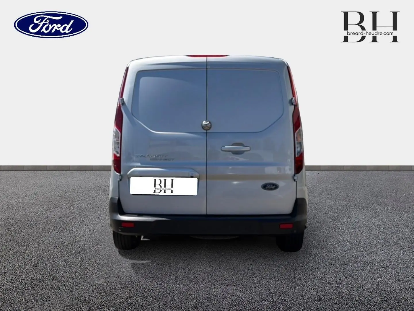Vue arrière d'un Ford Transit Connect gris lunaire métallisé avec portes battantes et logo Ford visible.