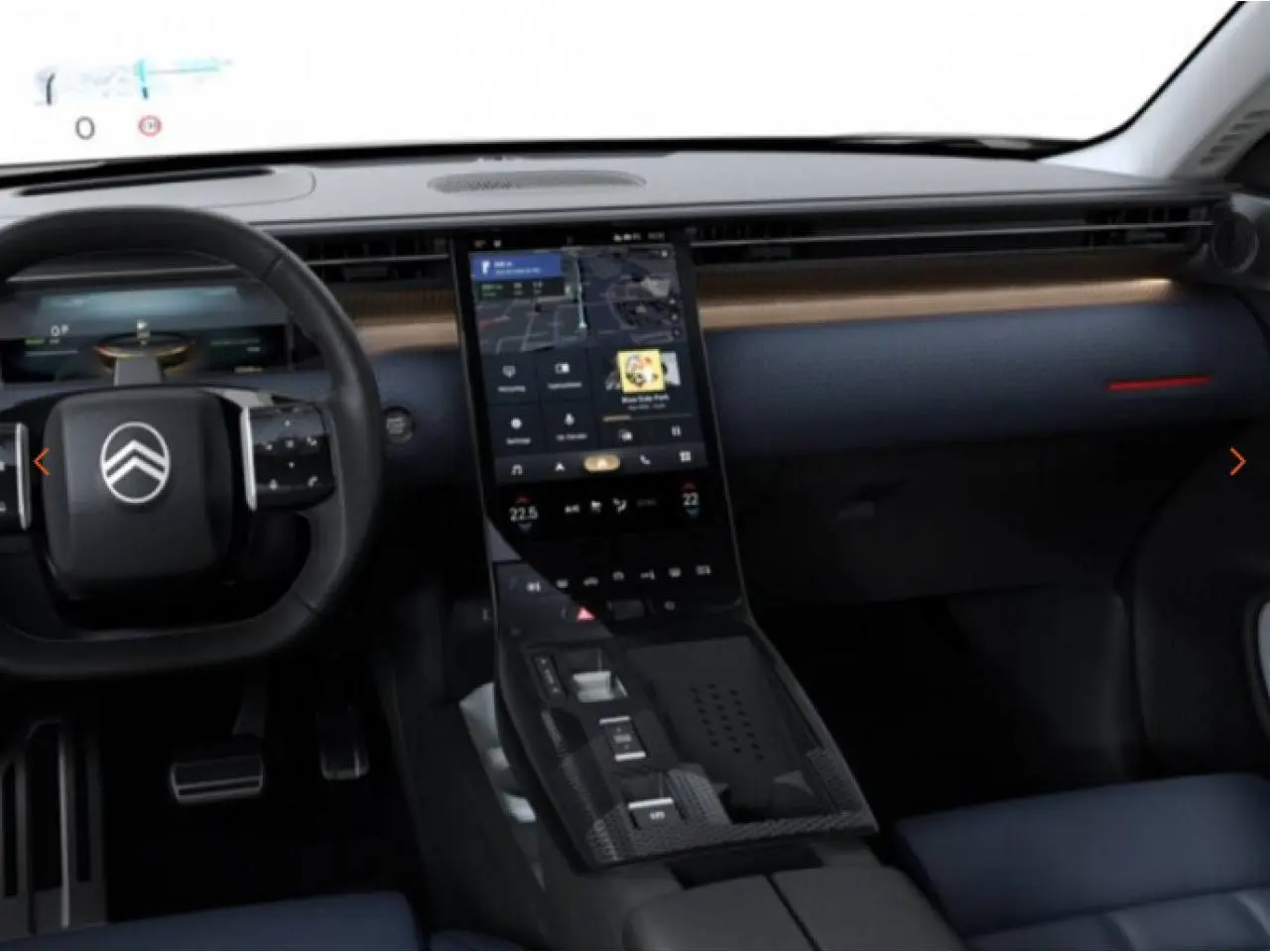 Intérieur avant du Citroën C5 Aircross gris, tableau de bord avec écran tactile vertical et sellerie bleu Sofa.