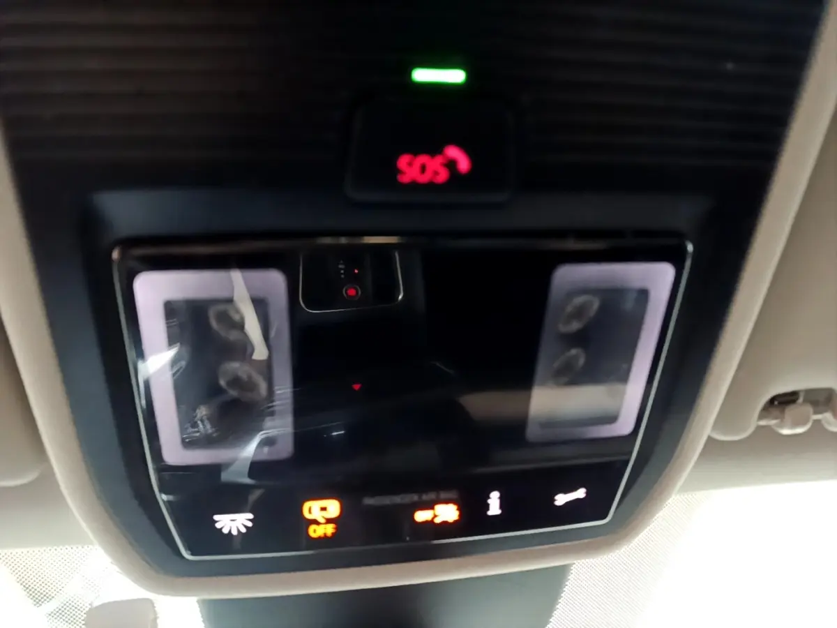 Vue intérieure du plafonnier avec éclairage d'ambiance et bouton SOS allumé dans une SEAT Leon gris foncé 2022.