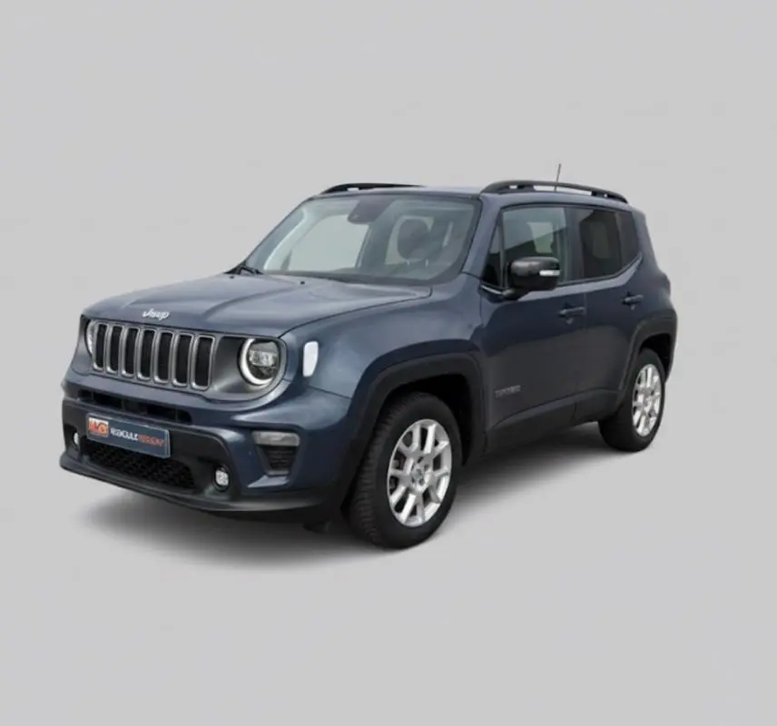 Jeep Renegade bleu en 3/4 avant droit, avec barres de toit et jantes alliage 17 pouces visibles.