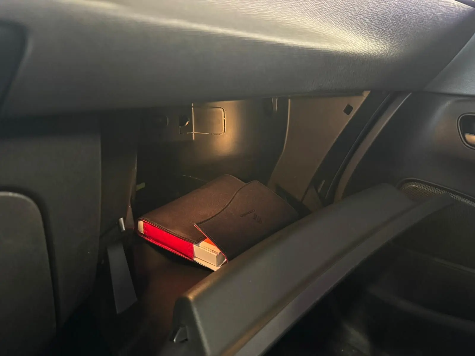 Vue intérieure du coffre à gants ouvert d'une Citroën C4 Picasso 2016, montrant un manuel dans une pochette noire.