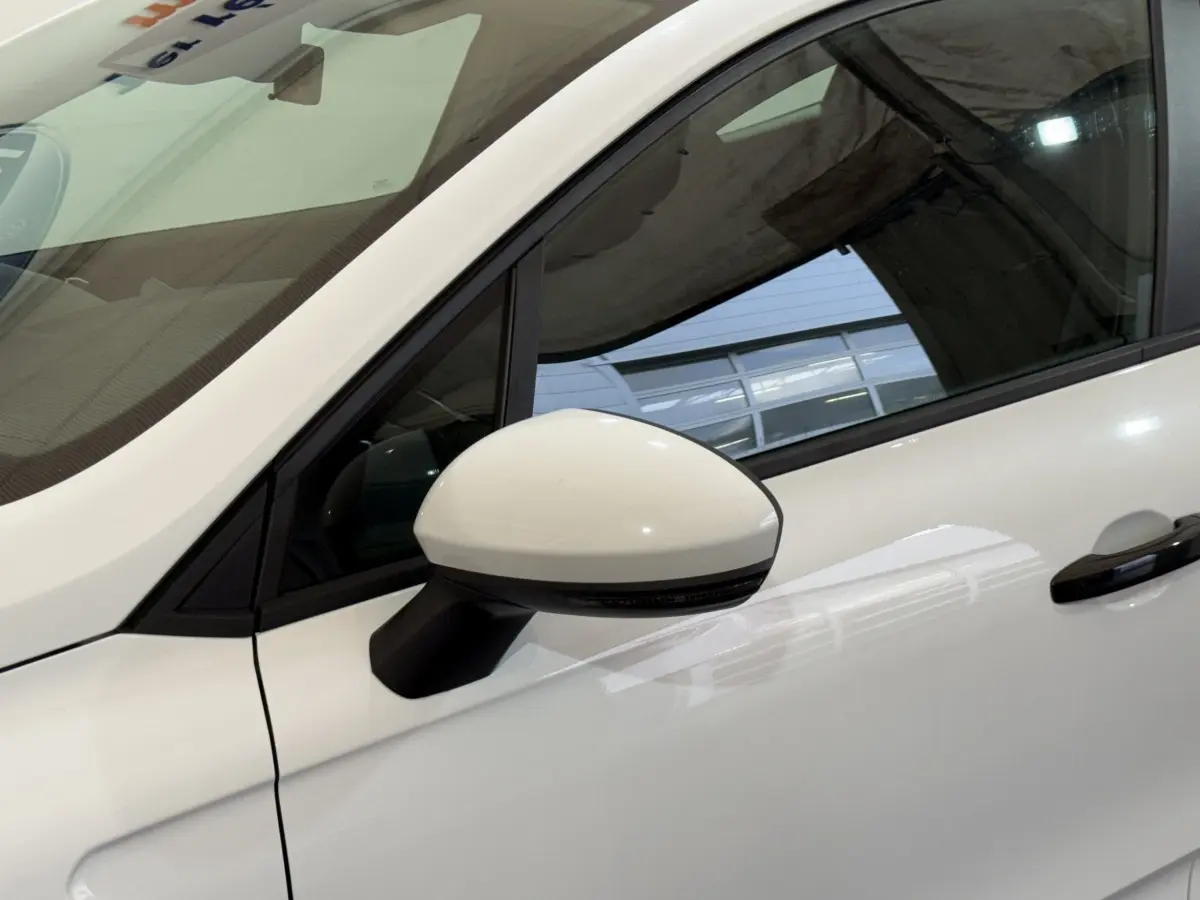 Rétroviseur côté conducteur blanc de la Renault Clio Business 2021, vue rapprochée sur la portière avant gauche.