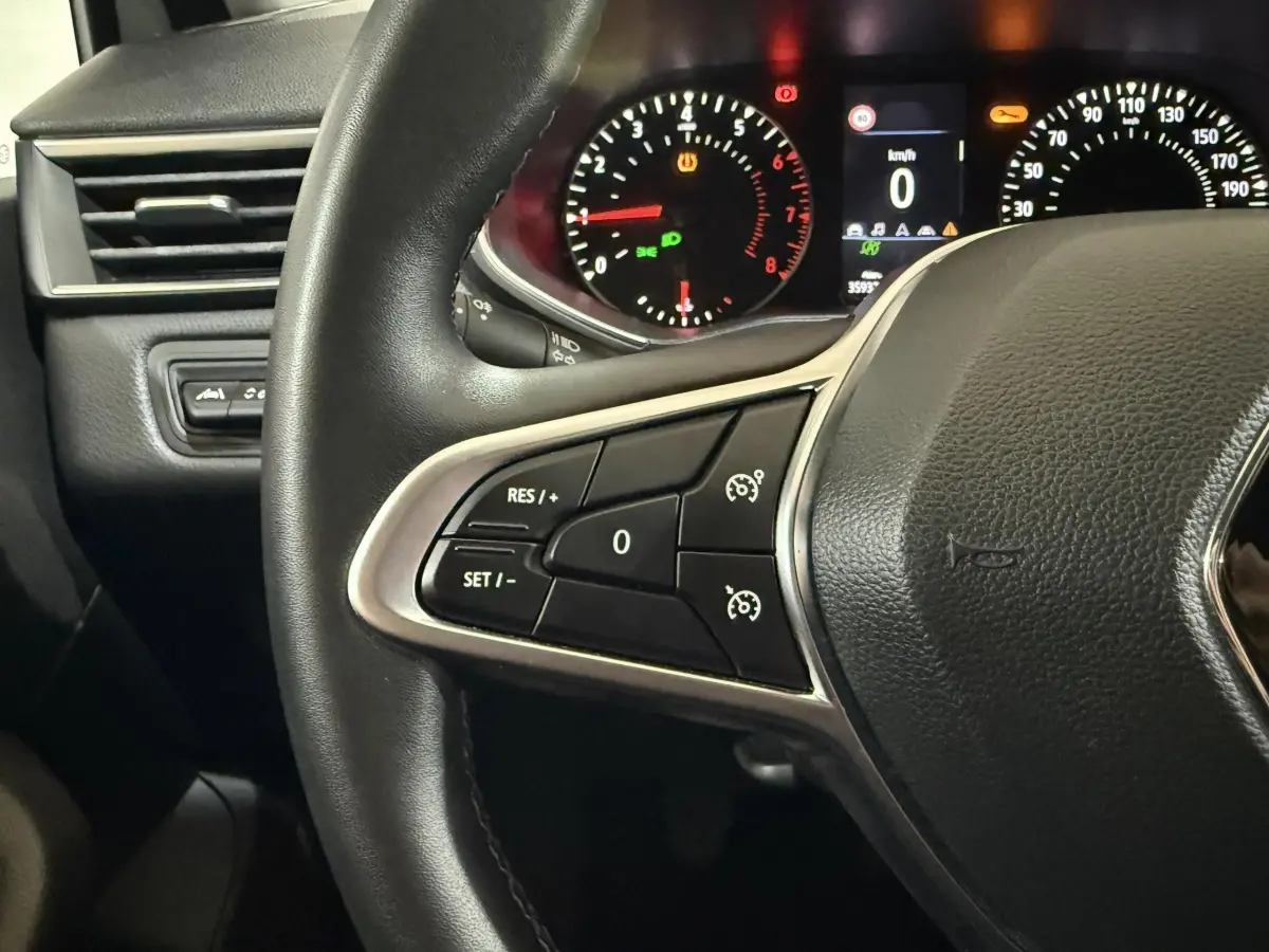 Détail intérieur montrant le volant multifonctions en cuir synthétique et la commande d'assistance au freinage d'urgence côté gauche.