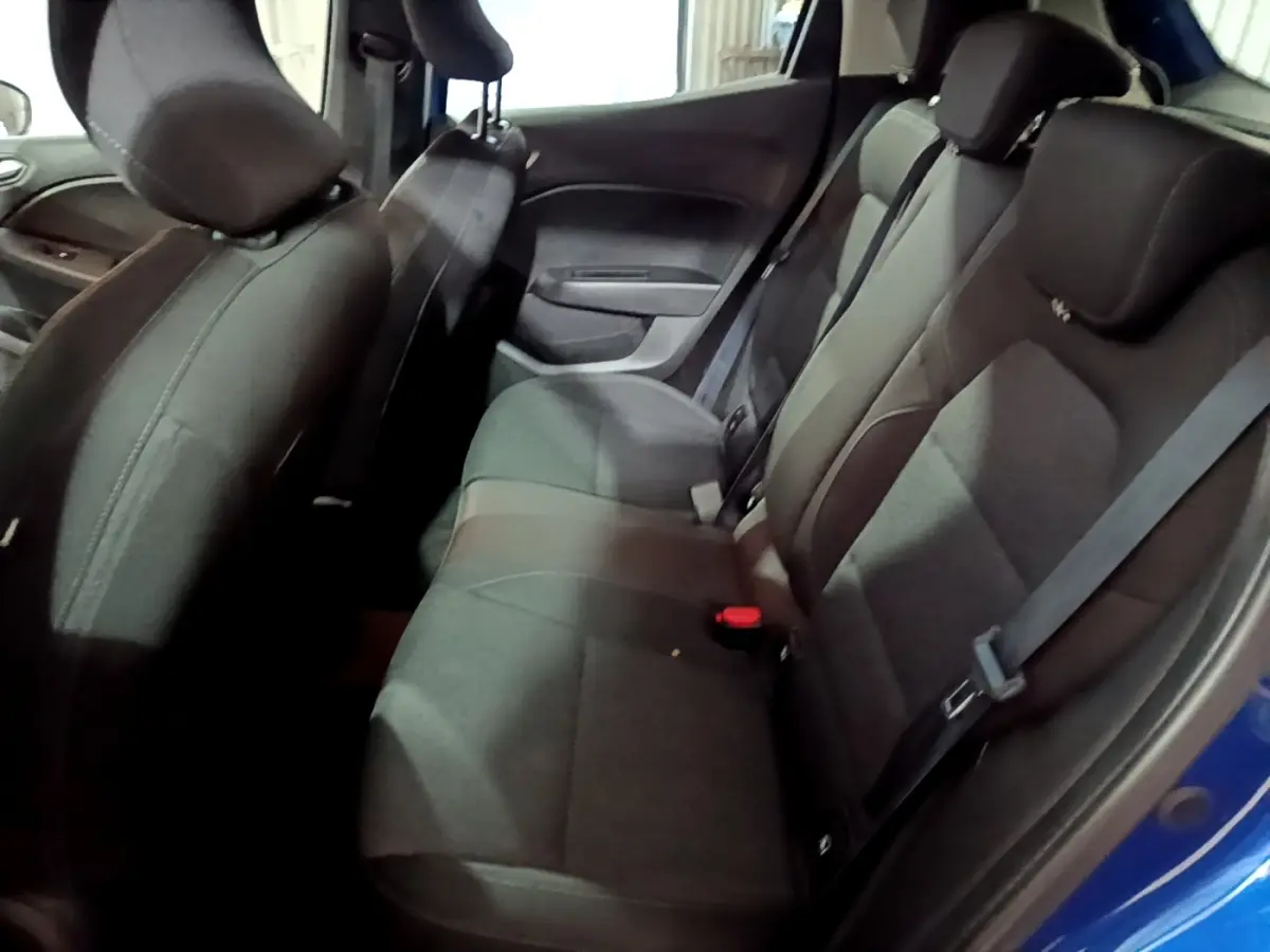 Vue intérieure côté droit montrant la banquette arrière noire de la Renault Clio Business SCe 65, porte ouverte bleu visible.