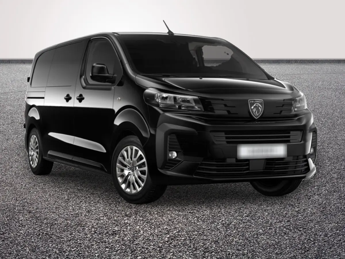 Peugeot Expert Fourgon noir vu en 3/4 avant droit, avec calandre moderne et phares LED distinctifs.