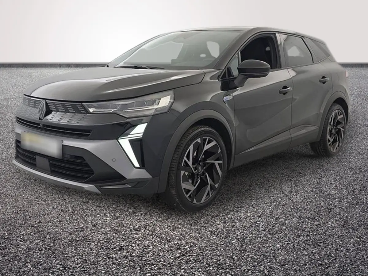 Renault Symbioz noir en 3/4 avant droit, avec feux LED distinctifs et jantes alliage modernes.