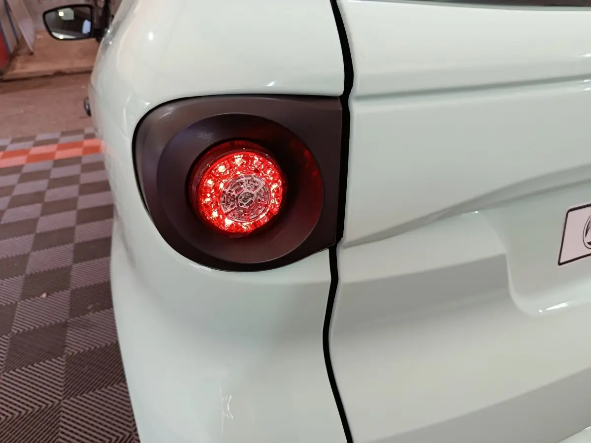 Gros plan sur le feu arrière gauche rouge d'une Aixam Ambition Easy Chic thermique verte, vue partielle arrière.