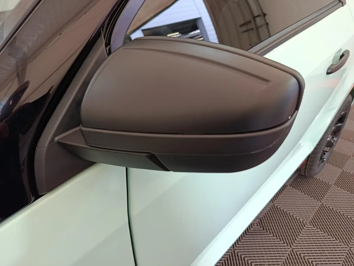 Rétroviseur noir côté gauche d'une Aixam Ambition Easy Chic thermique 2026 vert vue en gros plan.