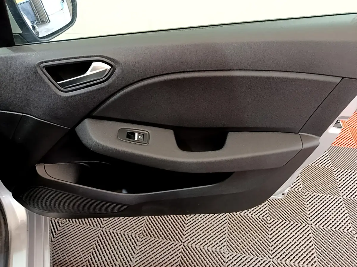 Vue intérieure côté gauche de la porte avant gris clair de la Renault Clio Business TCe 100, avec poignée et commande de vitre électrique.