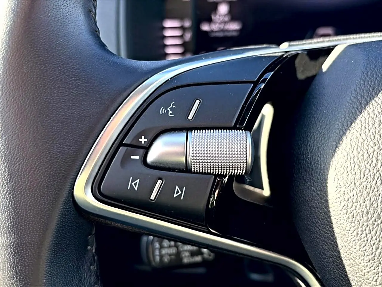 Gros plan sur les commandes audio au volant cuir noir d’un Skoda Karoq gris, version 2025, avec molette métallique texturée.