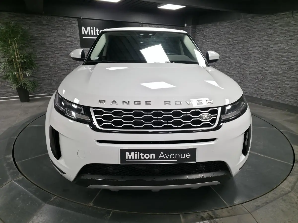 Vue avant d'un Range Rover Evoque blanc 2020 avec calandre hexagonale et logo Land Rover visible.