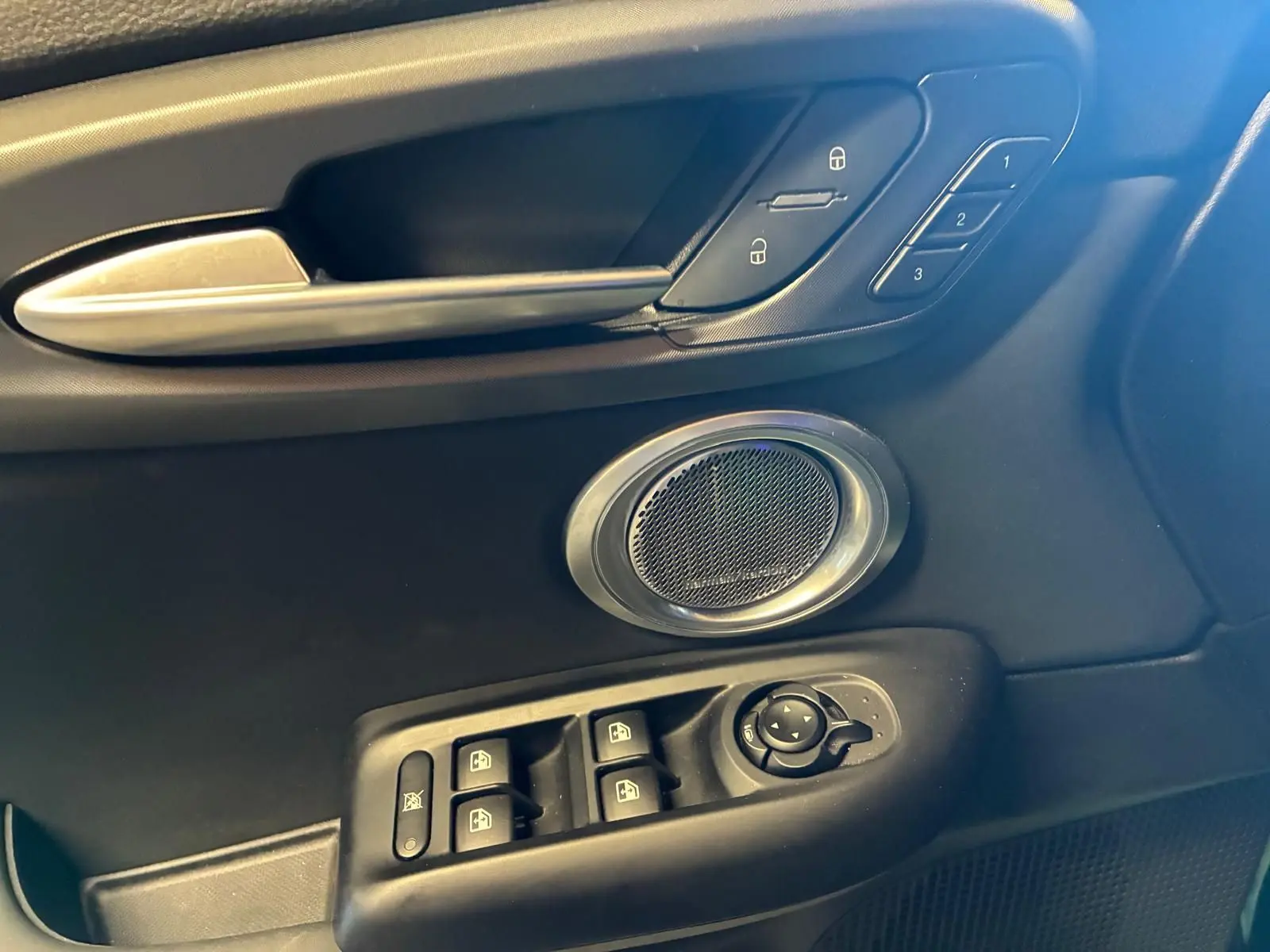 Détail de la porte côté conducteur de l'Alfa Romeo Tonale vert foncé, montrant les commandes de vitres et le haut-parleur rond.