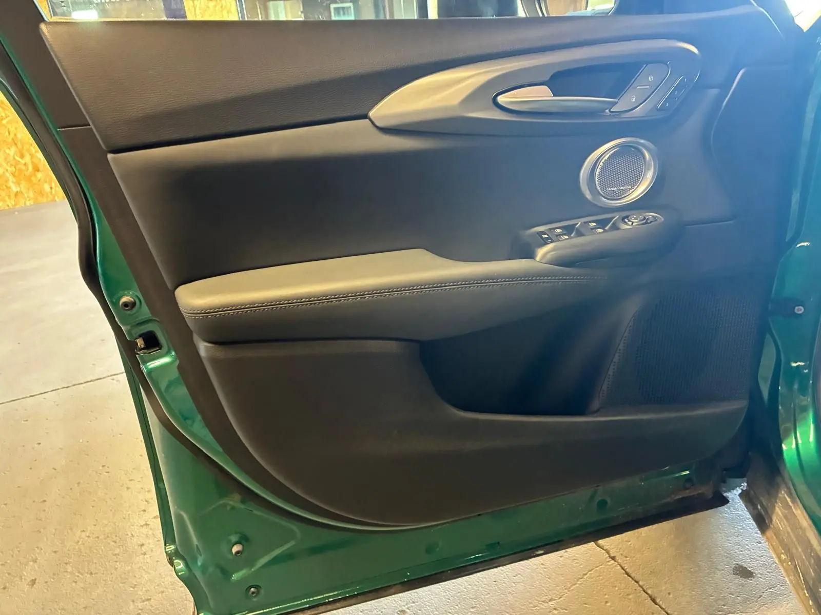Vue intérieure de la porte avant gauche de l'Alfa Romeo Tonale vert foncé, avec commandes électriques et haut-parleur rond intégré.