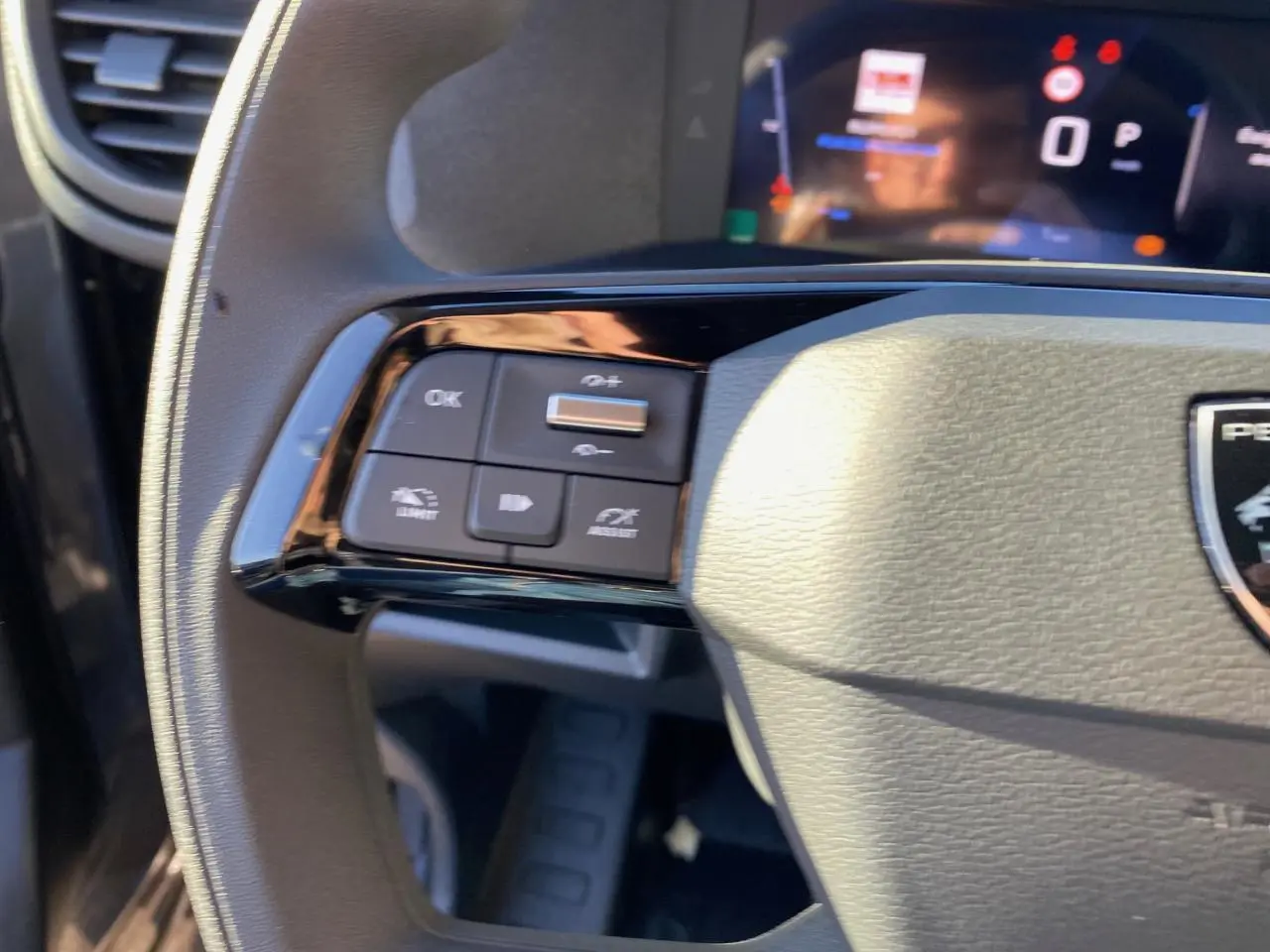 Gros plan sur la partie gauche du volant gris du Peugeot Expert Fourgon 2026 avec commandes intégrées et tableau de bord numérique flou.