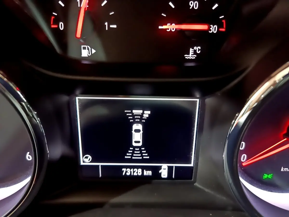 Vue rapprochée du tableau de bord de l’Opel Insignia 2019, affichant l’alerte de maintien de voie et le compteur kilométrique.