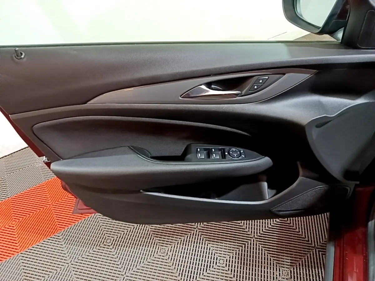 Vue intérieure du panneau de porte conducteur noir d’une Opel Insignia rouge, avec commandes des vitres et rétroviseurs.