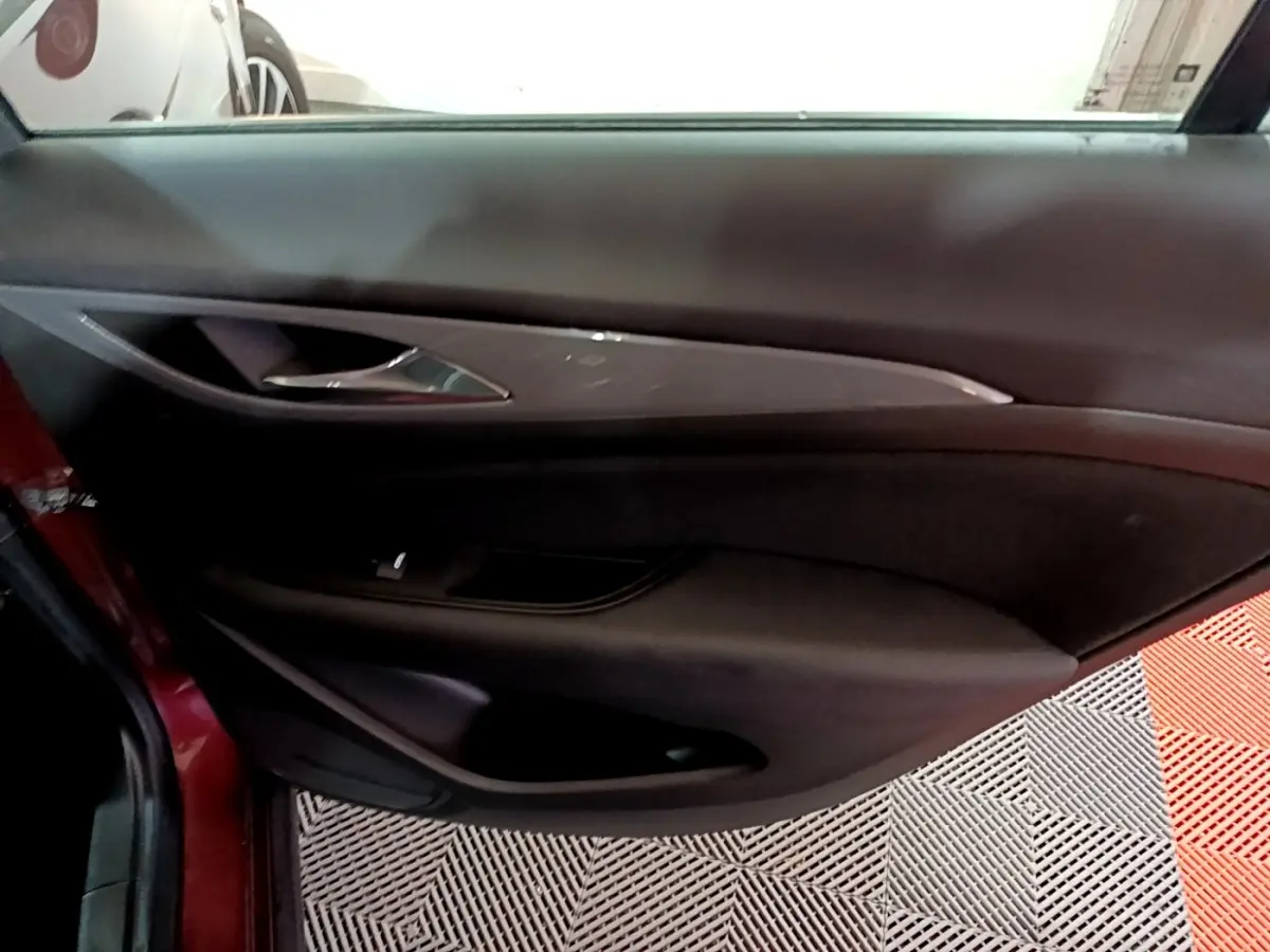Vue intérieure côté gauche de la porte avant rouge de l’Opel Insignia 2019 avec poignée chrome et garniture noire.