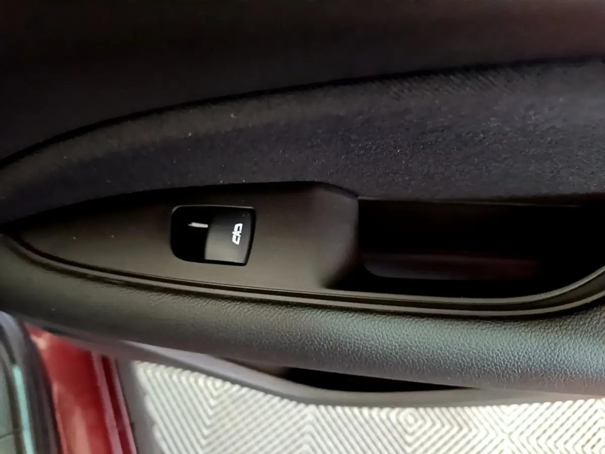 Détail de la commande de verrouillage sur la porte côté gauche d’une Opel Insignia rouge de 2019.