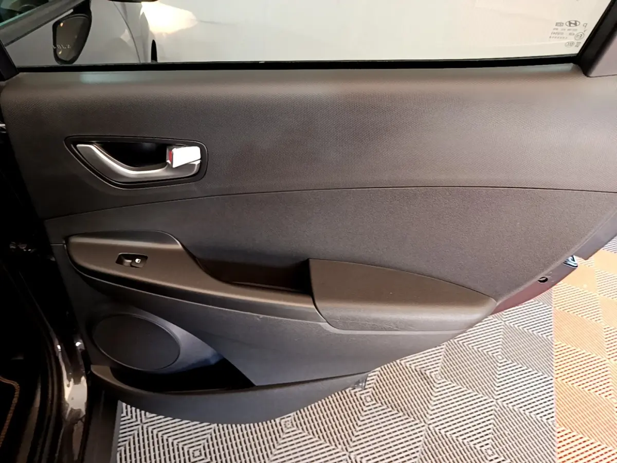 Vue intérieure côté gauche de la porte avant d'une Hyundai Kona électrique 2021 avec garniture noire et poignée argentée.