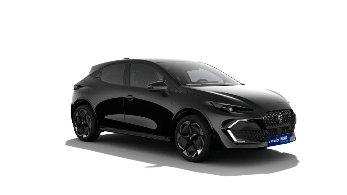 Renault Clio Techno full hybrid noir vue 3/4 avant droit avec calandre et feux LED distinctifs.