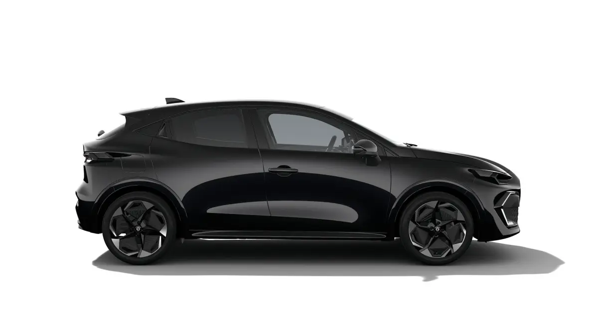 Profil droit de la Renault Clio Techno full hybrid 2026 noire, avec jantes noires au design moderne.