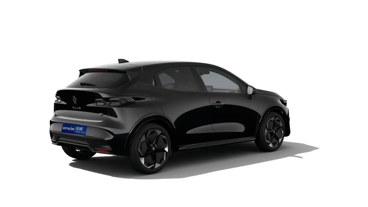 Renault Clio Techno full hybrid noir vue 3/4 arrière droit, avec jantes noires et feux LED distinctifs.