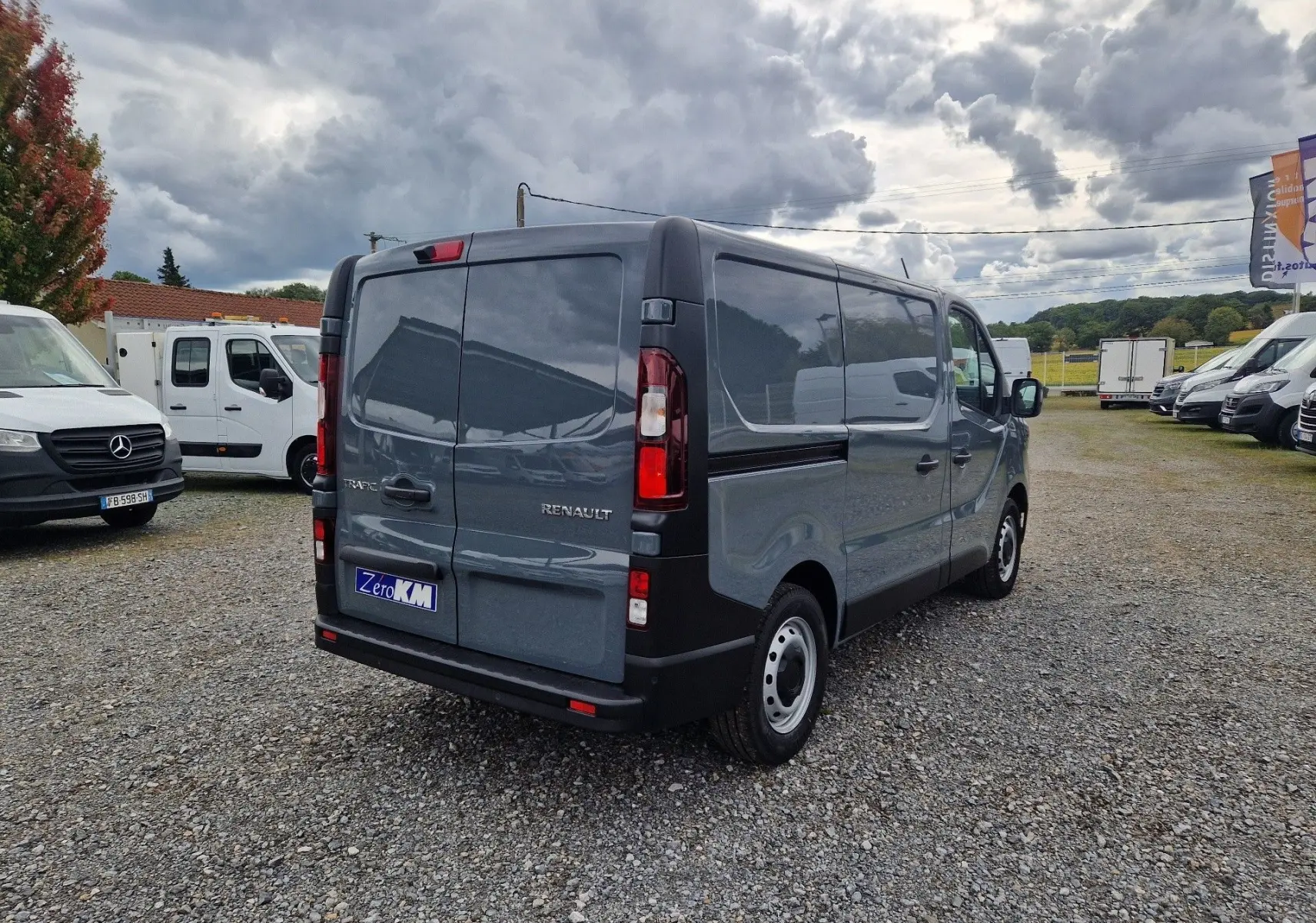 Vue 3/4 arrière droite du Renault Trafic Fourgon gris urbain 2025, avec portes arrière fermées et jantes acier.