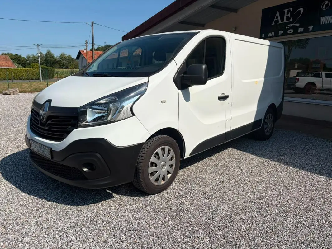 Renault Trafic Fourgon blanc en 3/4 avant droit, avec pare-chocs noir et jantes acier, stationné sur gravier.