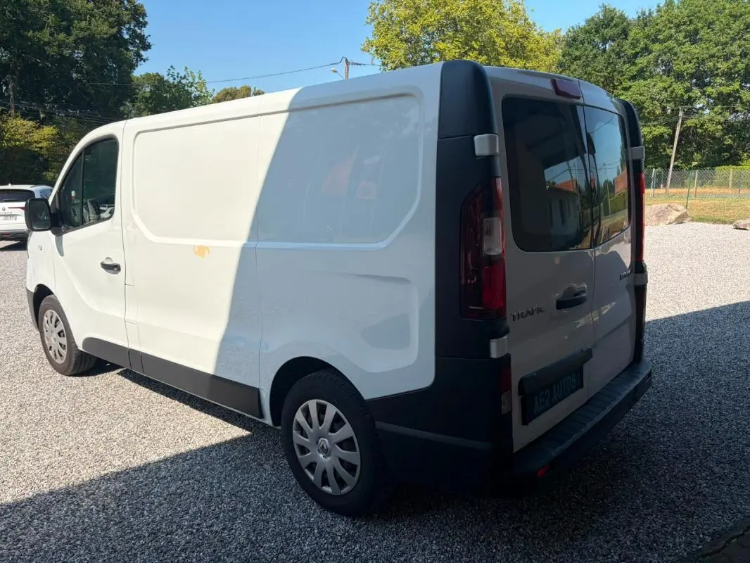 Vue 3/4 arrière droite d’un Renault Trafic Fourgon blanc de 2018, avec portes arrière vitrées et jantes tôles.