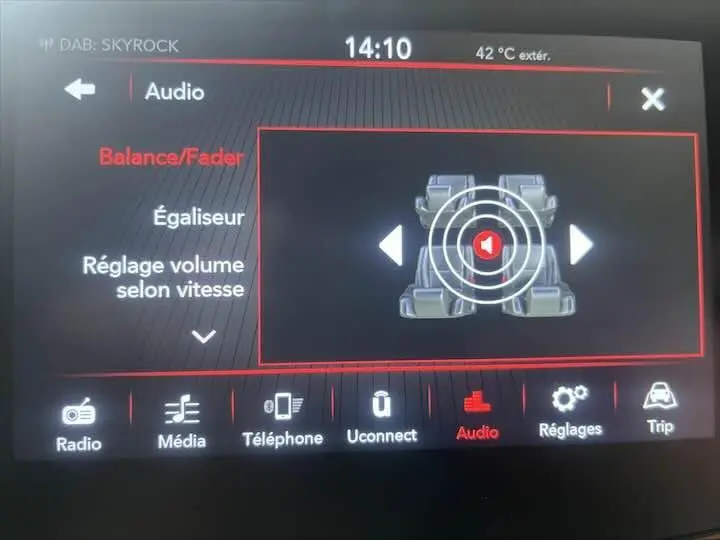 Écran tactile du système audio FIAT 500 blanc 2023 montrant le réglage balance/fader avec interface graphique des haut-parleurs.