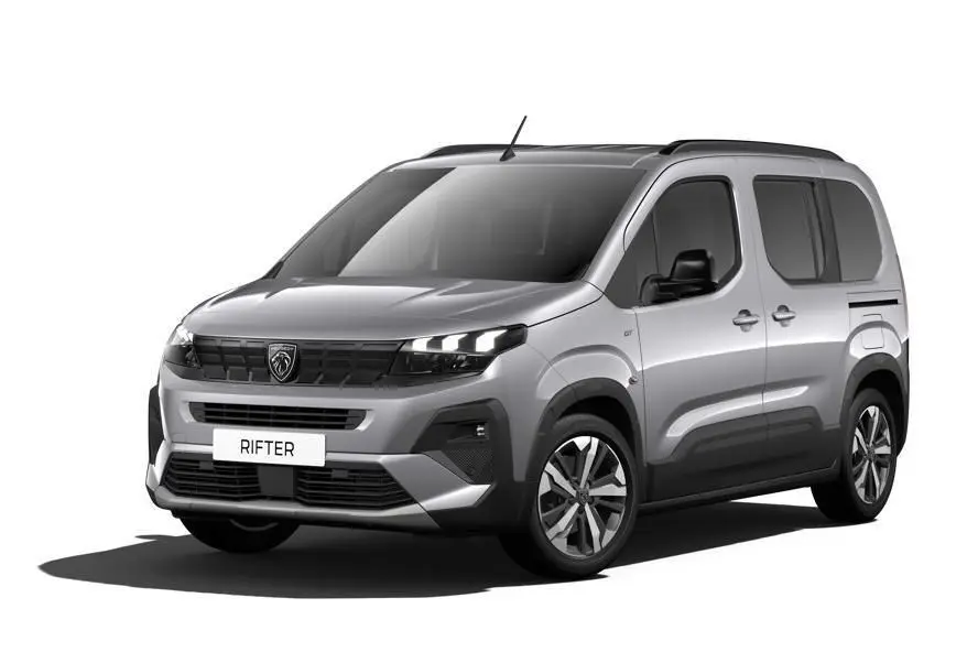 Peugeot Rifter gris acier en vue 3/4 avant droit, avec calandre noire et jantes alliage 16 pouces.