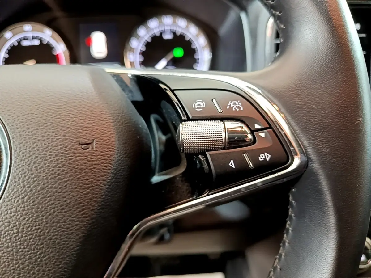 Gros plan sur les commandes multifonctions à droite du volant cuir noir du Skoda Karoq 2022, tableau de bord flou en arrière-plan.