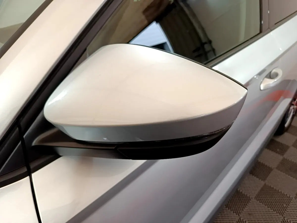 Rétroviseur droit gris clair du Skoda Karoq 2022, vue rapprochée sur la portière et poignée côté droit.