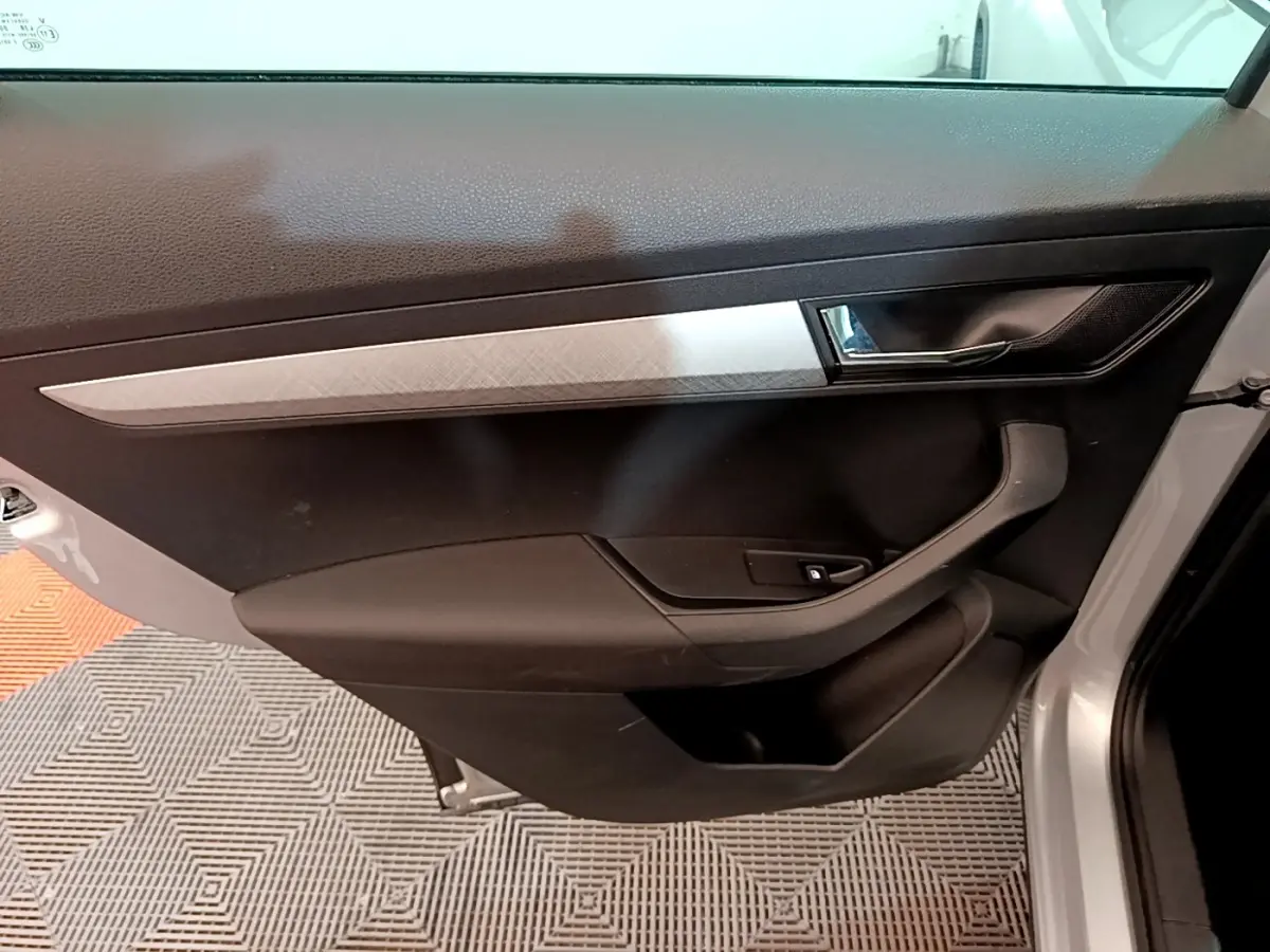 Vue intérieure côté gauche de la porte avant gris clair du Skoda Karoq avec poignée et commande de fenêtre intégrée.
