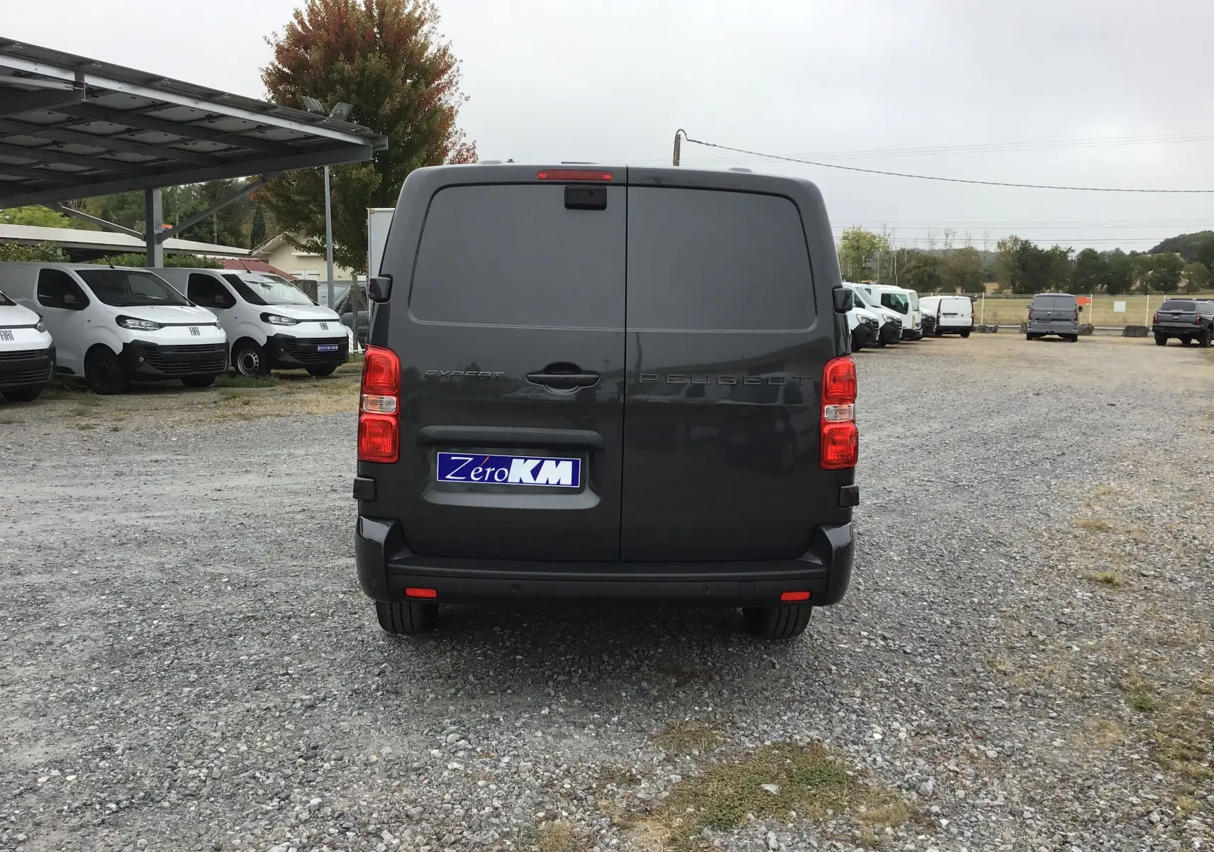 Vue arrière d’un Peugeot Expert cabine approfondie gris titane, avec portes battantes et feux rouges visibles.