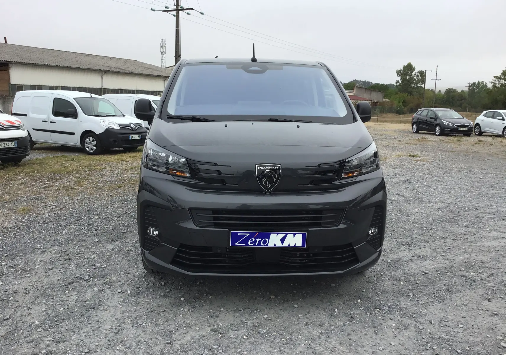 Vue avant frontale du Peugeot Expert Cabine Approfondie gris titane avec calandre noire et logo lion central bien visible.