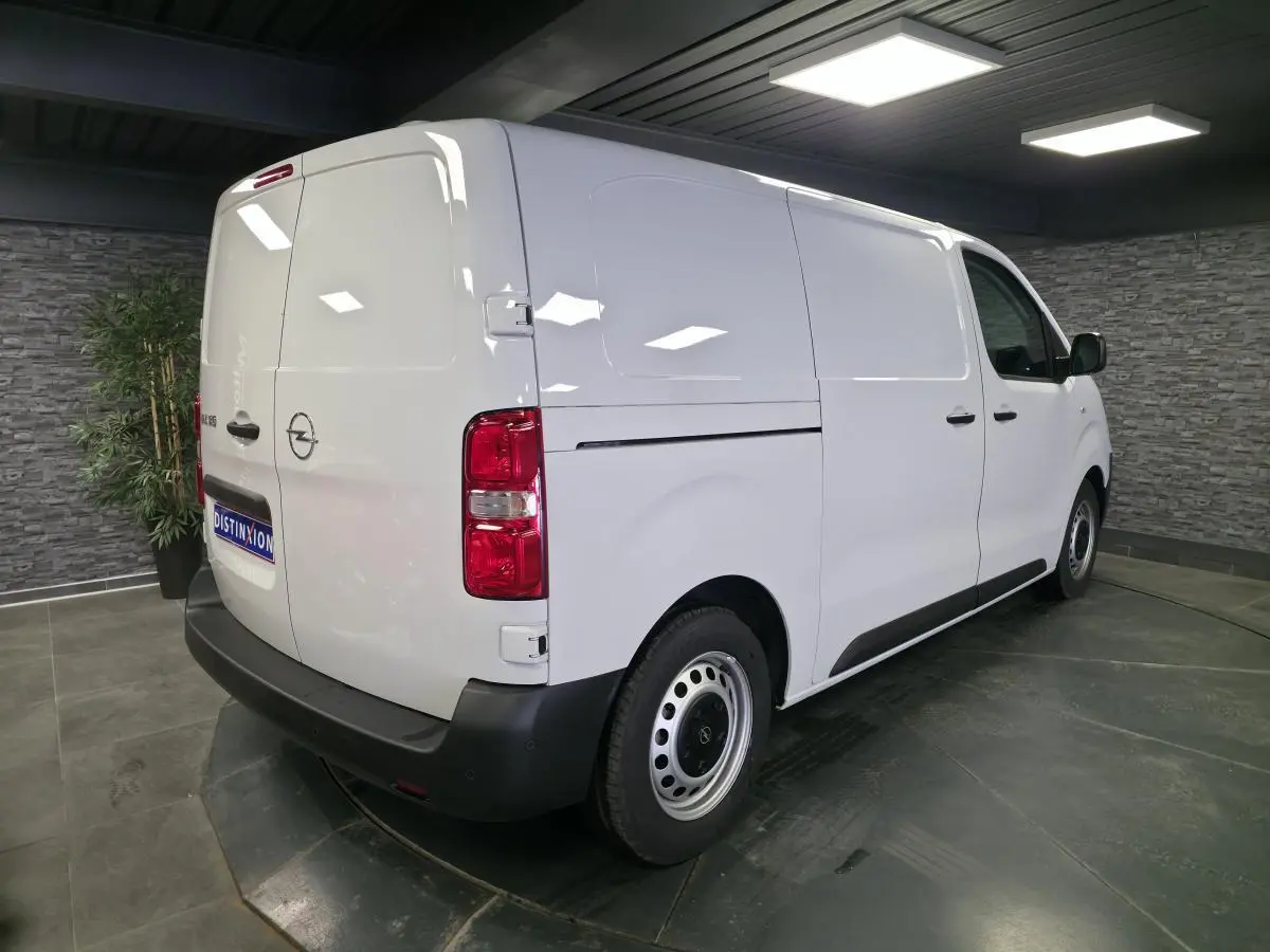 Vue 3/4 arrière droite d’un Opel Vivaro blanc avec portes arrière battantes et jantes tôles grises.