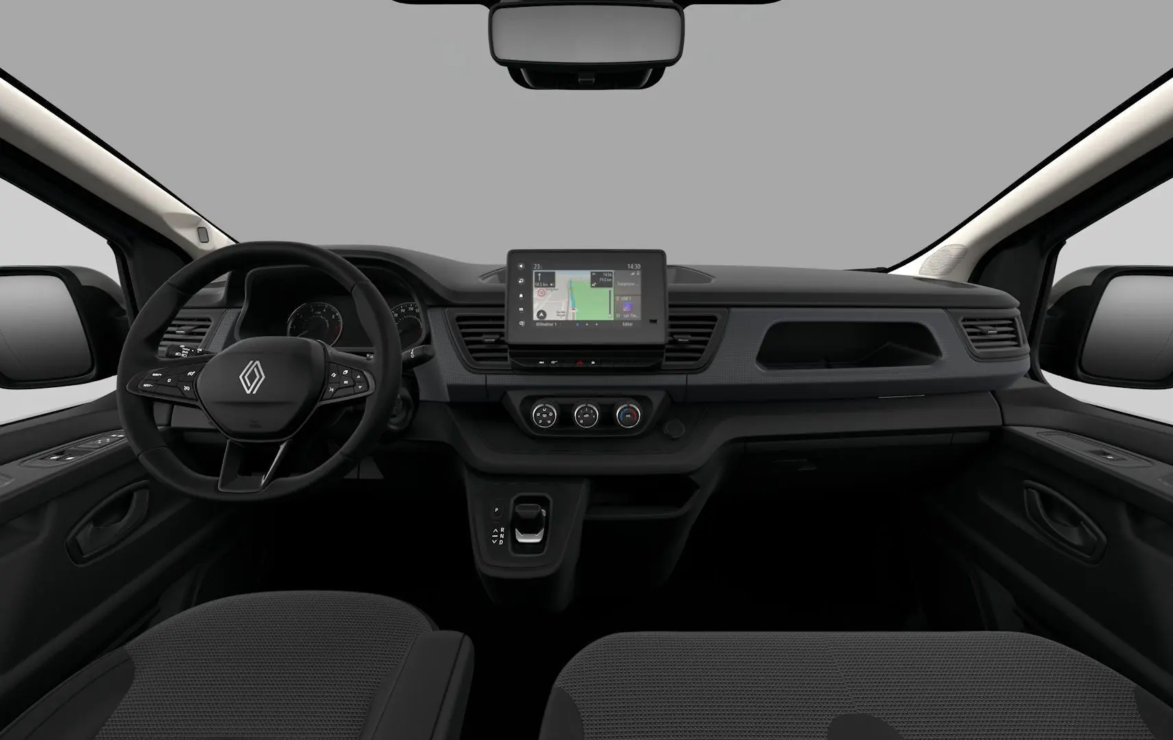 Vue intérieure avant du Renault Trafic Combi 2026, tableau de bord noir avec écran tactile central et volant multifonction.