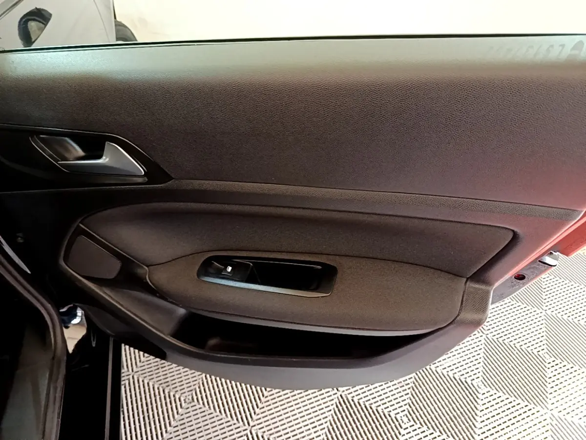 Vue intérieure du panneau de porte côté gauche noir de la Peugeot 308 Active Business 2020.