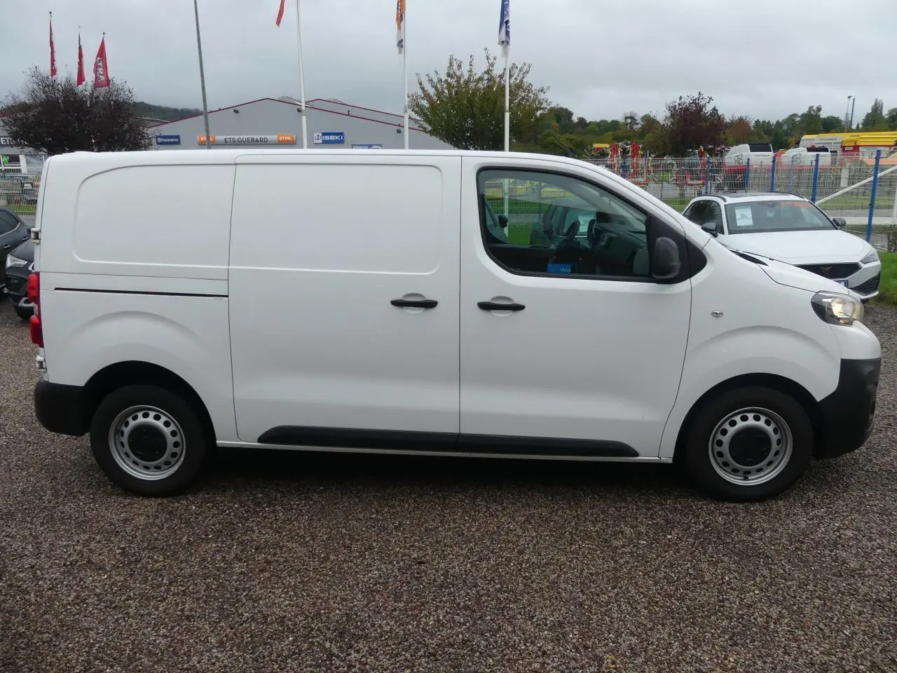 Peugeot Expert Fourgon blanc vu de profil côté gauche, avec portes latérales et roues tôle noires.