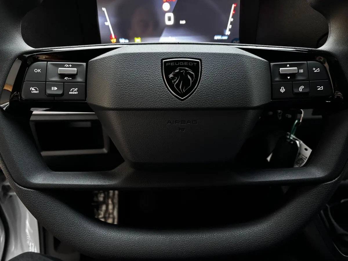 Gros plan sur le volant noir multifonctions du Peugeot Expert Fourgon 2025 avec logo lion central et commandes intégrées.