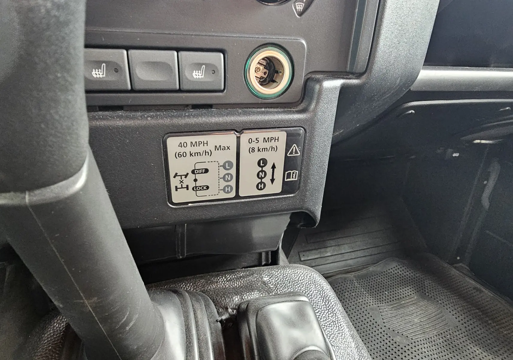 Gros plan sur le levier de vitesses et les commandes de boîte de transfert du Land Rover Defender 90 noir, intérieur simple et fonctionnel.